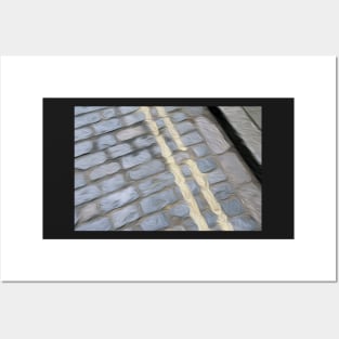 Double yellow lines on cobbled street oil paint effect. Posters and Art